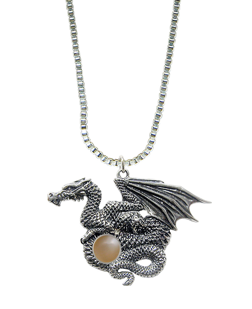 Sterling Silver Dragon of Many Treasures Pendant With Peach Moonstone